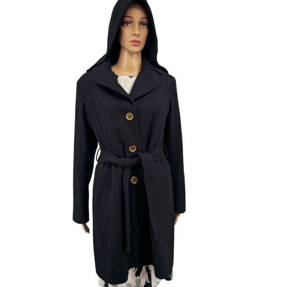 Michael Kors Black Wool-Blend Hooded Belted Coat Women's Medium - Picture 8 of 8
